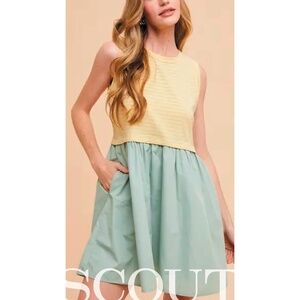 Mint and Lemon Mixed Media Striped Sleeveless Babydoll Mini Dress